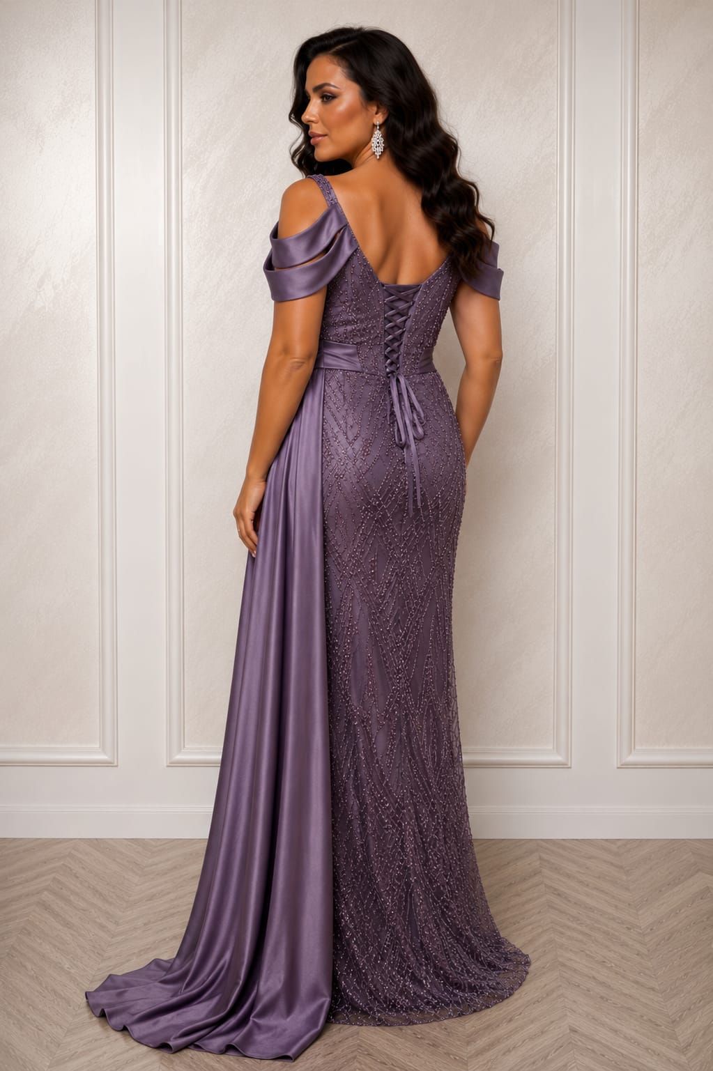 Rochia Vina – Rochie lunga eleganta spectaculoasa din dantela cu perle si corset reglabil