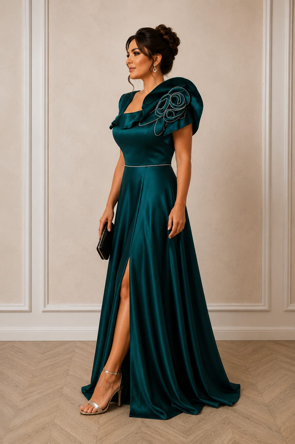 Rochia Naomi – rochie lunga pentru evenimente satin premium in nuante de verde smarald si baby blue