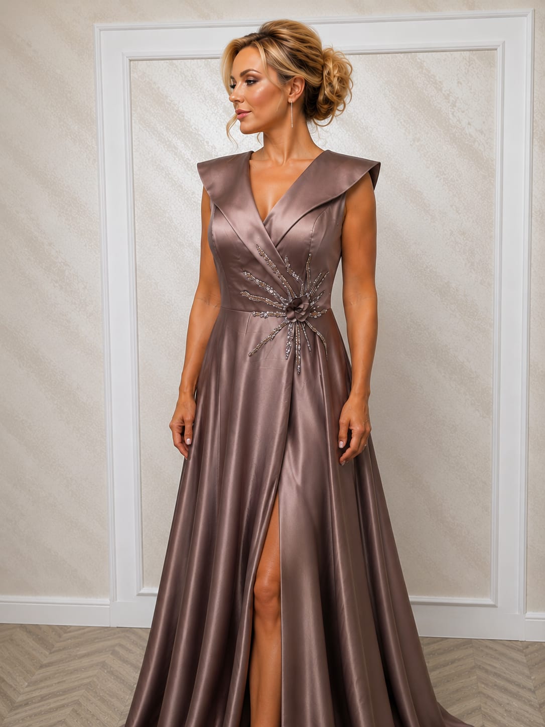 Rochia Lorena – Rochie eleganta lunga in nuante capuccino , negru , turcoaz din satin cu slit pe picior