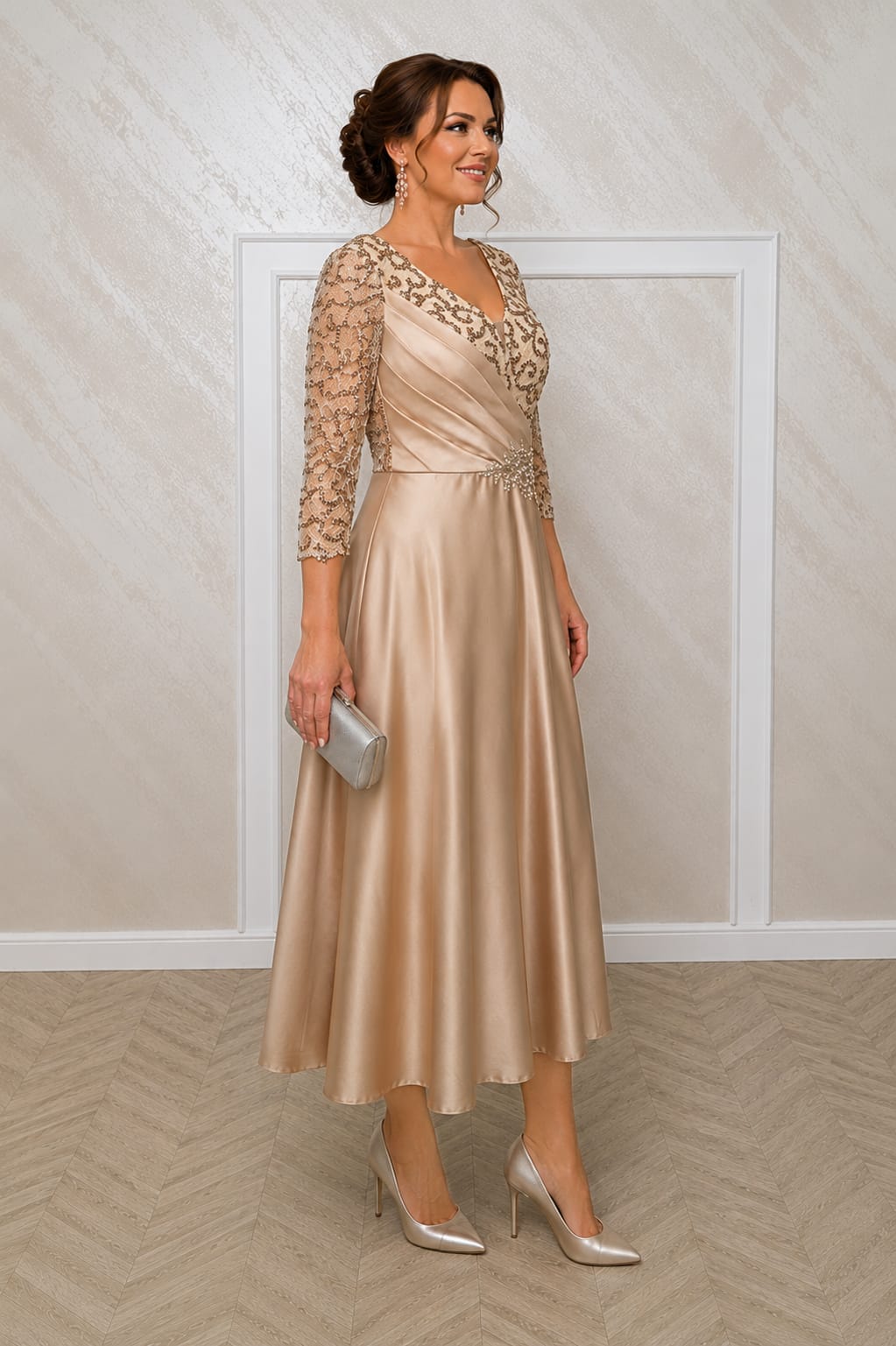 Rochia Lucia Midi - Rochie lungime midi cu maneci din dantela, roz pal, auriu sau capuccino