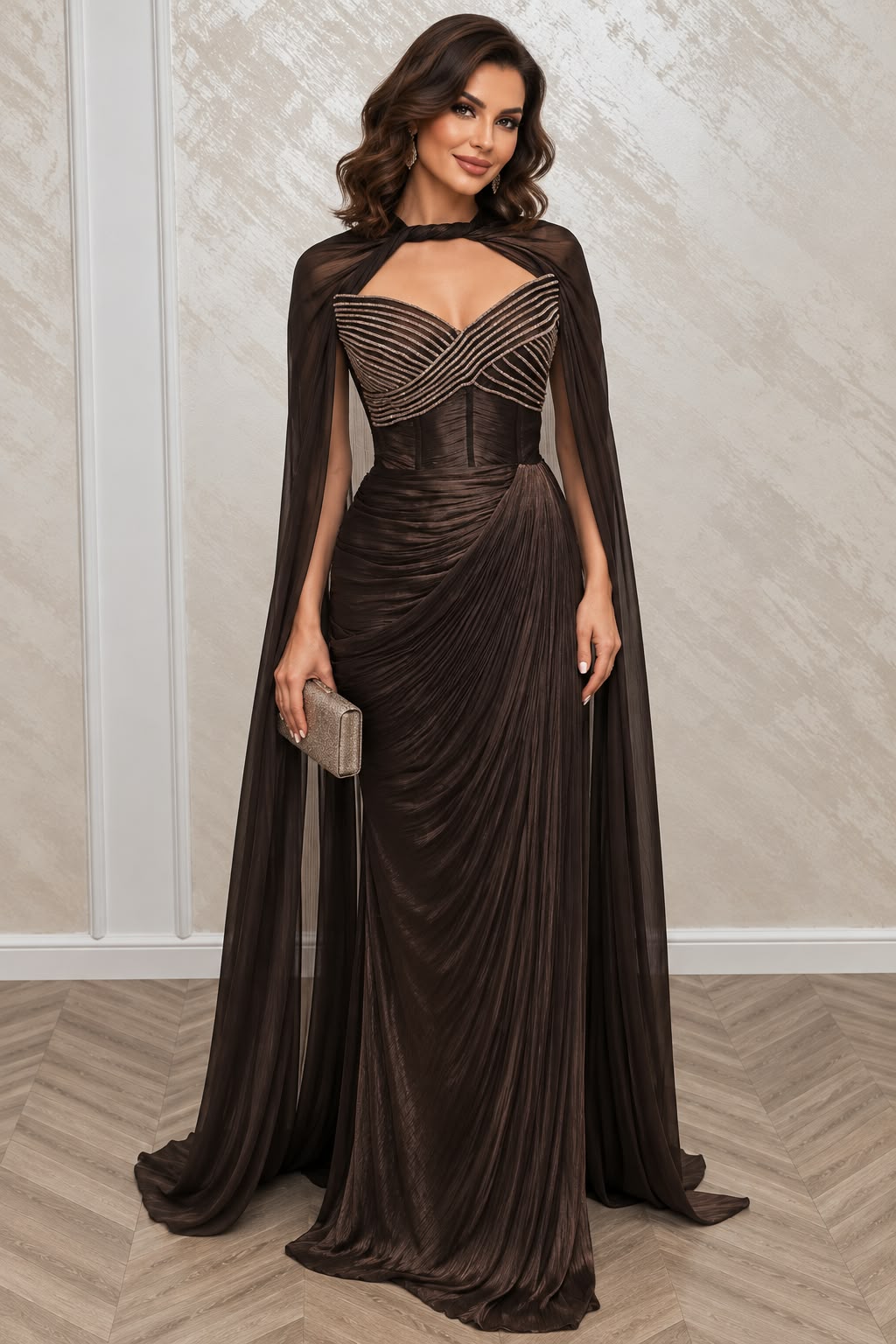 Rochie Londra din matase organica cu corset, capa si trena