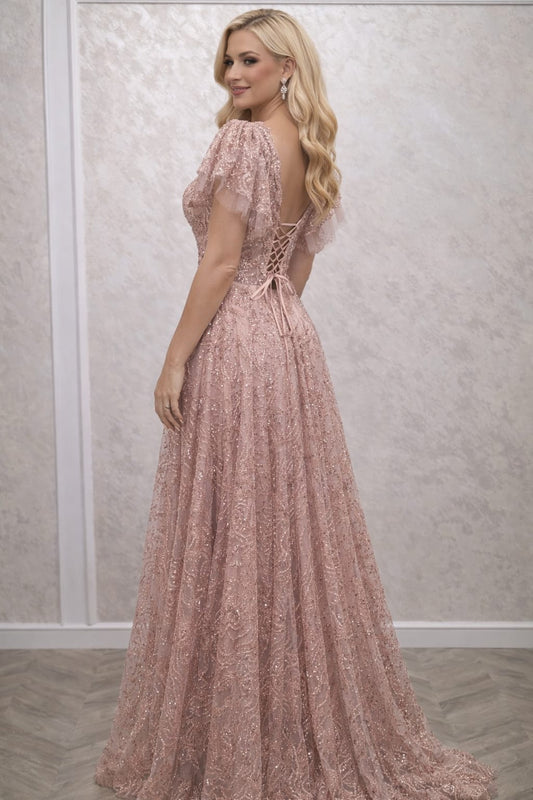 Rochia Printes – Rochie lunga roz pudra tip printesa, cu paiete si corset reglabil