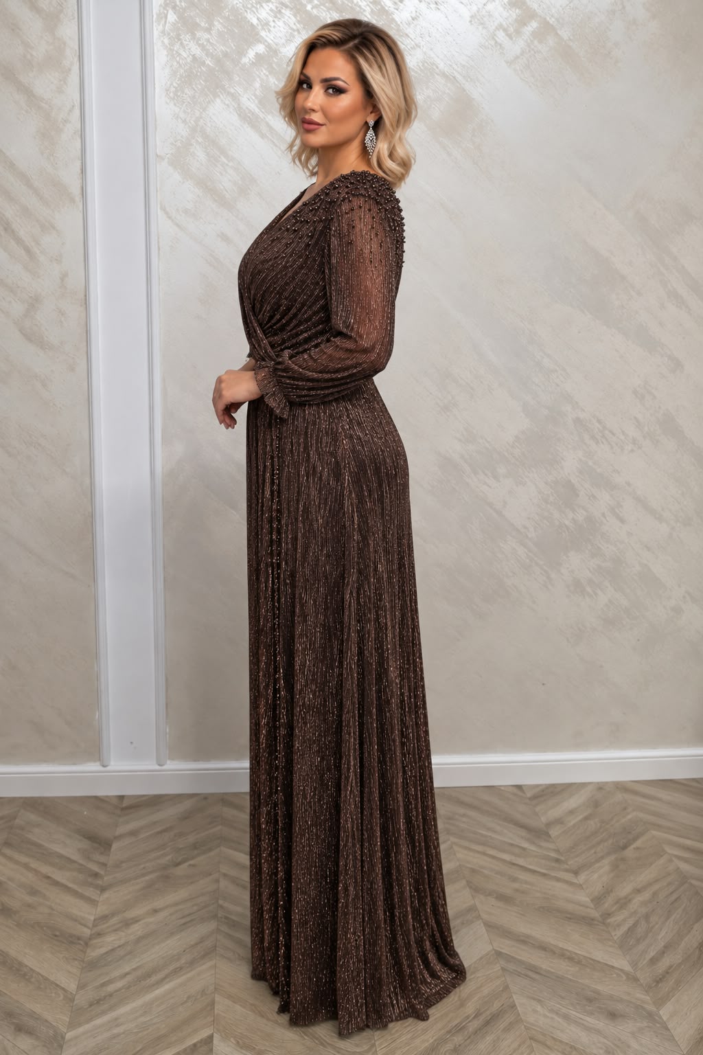 Rochie Oslo - Rochie lunga din voal peliculizat metalizat in nuante negru si ciocolatiu