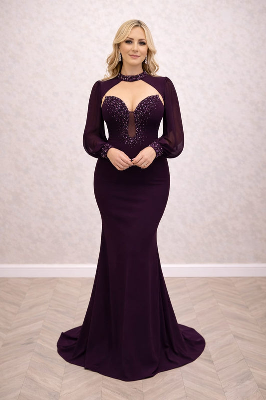 Rochia Dekolte – Rochie lunga  sirena mov inchis cu decolteu adanc si aplicatii stralucitoare bolero detasabil
