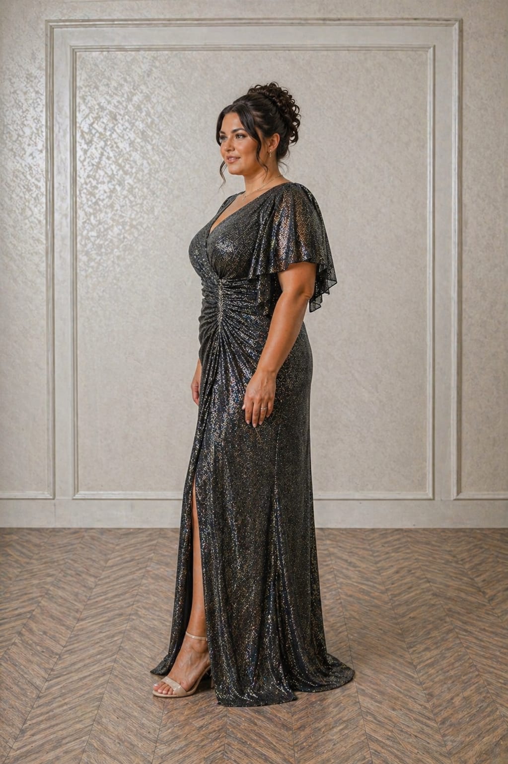 Rochie Adria – Rochie lunga eleganta cu efect metalizat, pentru siluete plus size, material usor si fluid