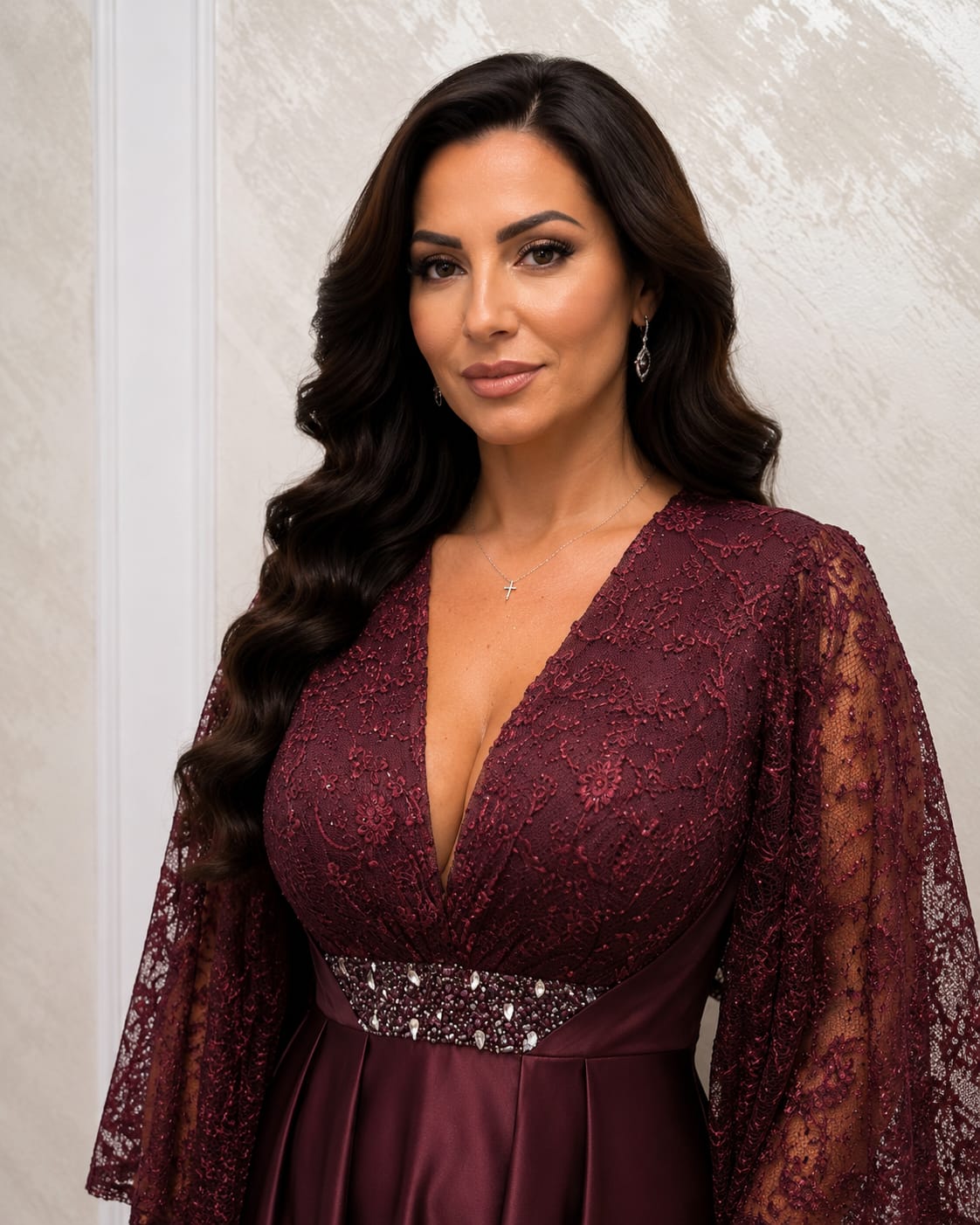 Rochia Male midi - Rochie lungime midi din satin si maneci din dantela