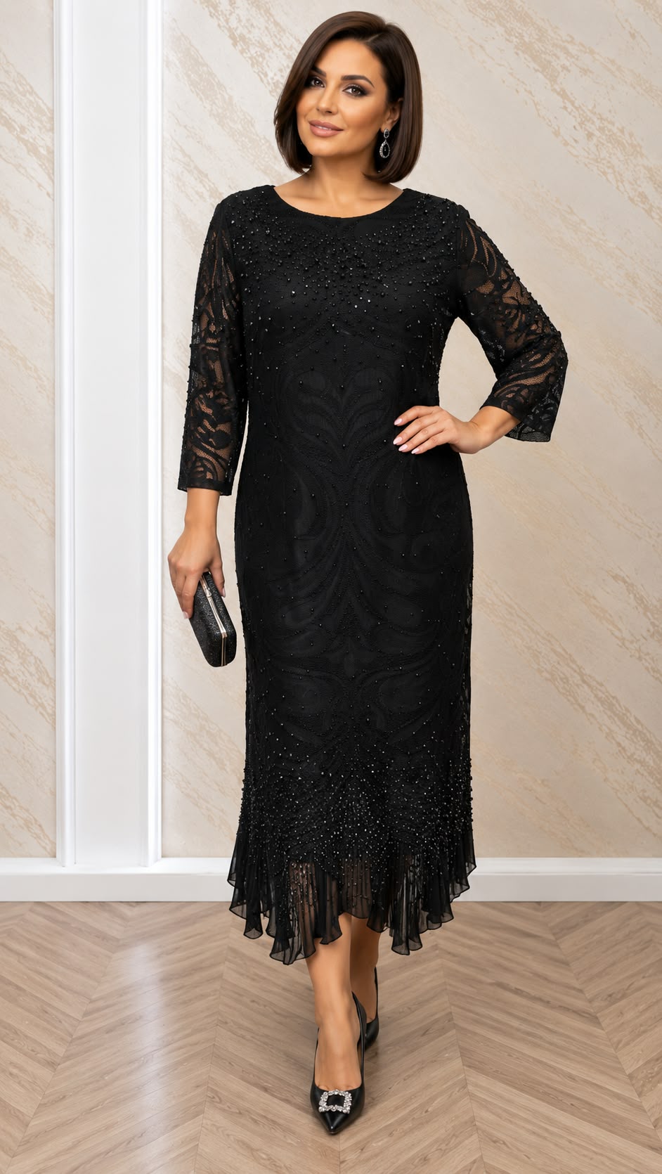 Rochie Marika midi din dantela cu maneci – bleumarin, negru si purpuriu