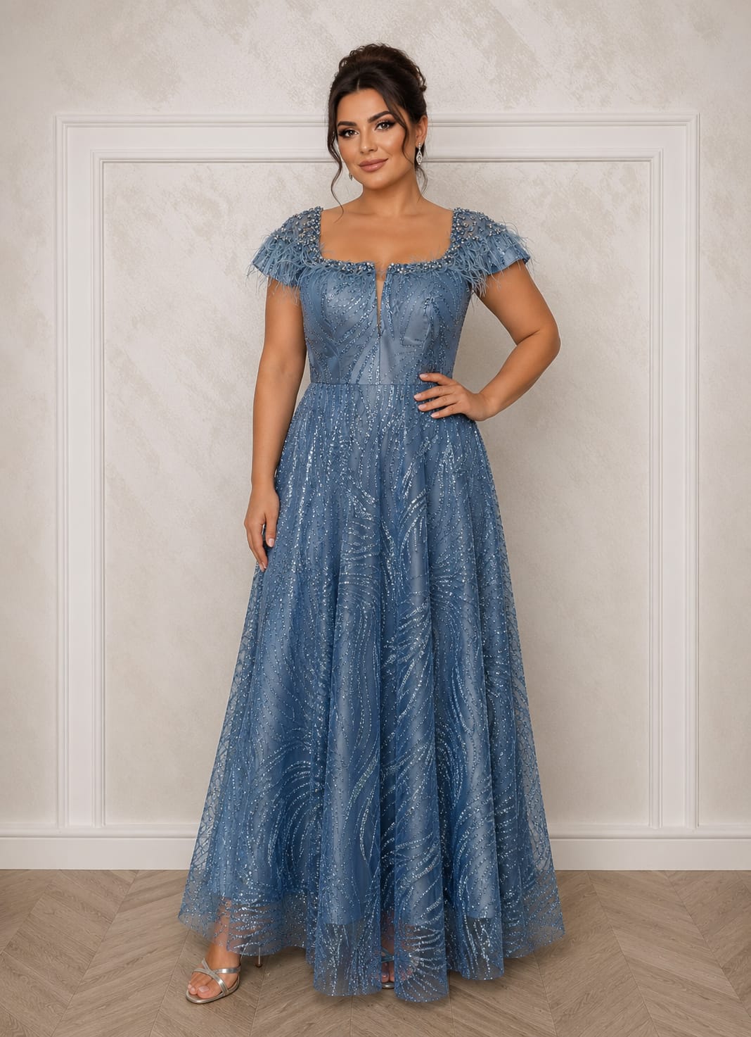 Rochia Viva – Rochie lunga eleganta albastru prafuit cu aplicatii stralucitoare si corset reglabil