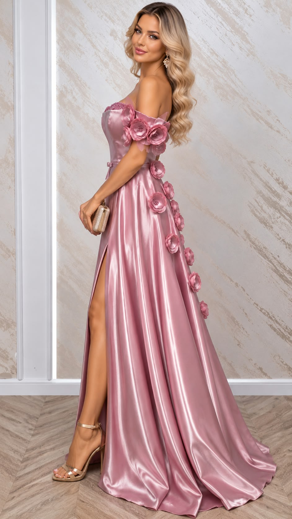 Rochie Floria lunga din satin cu corset si flori 3D