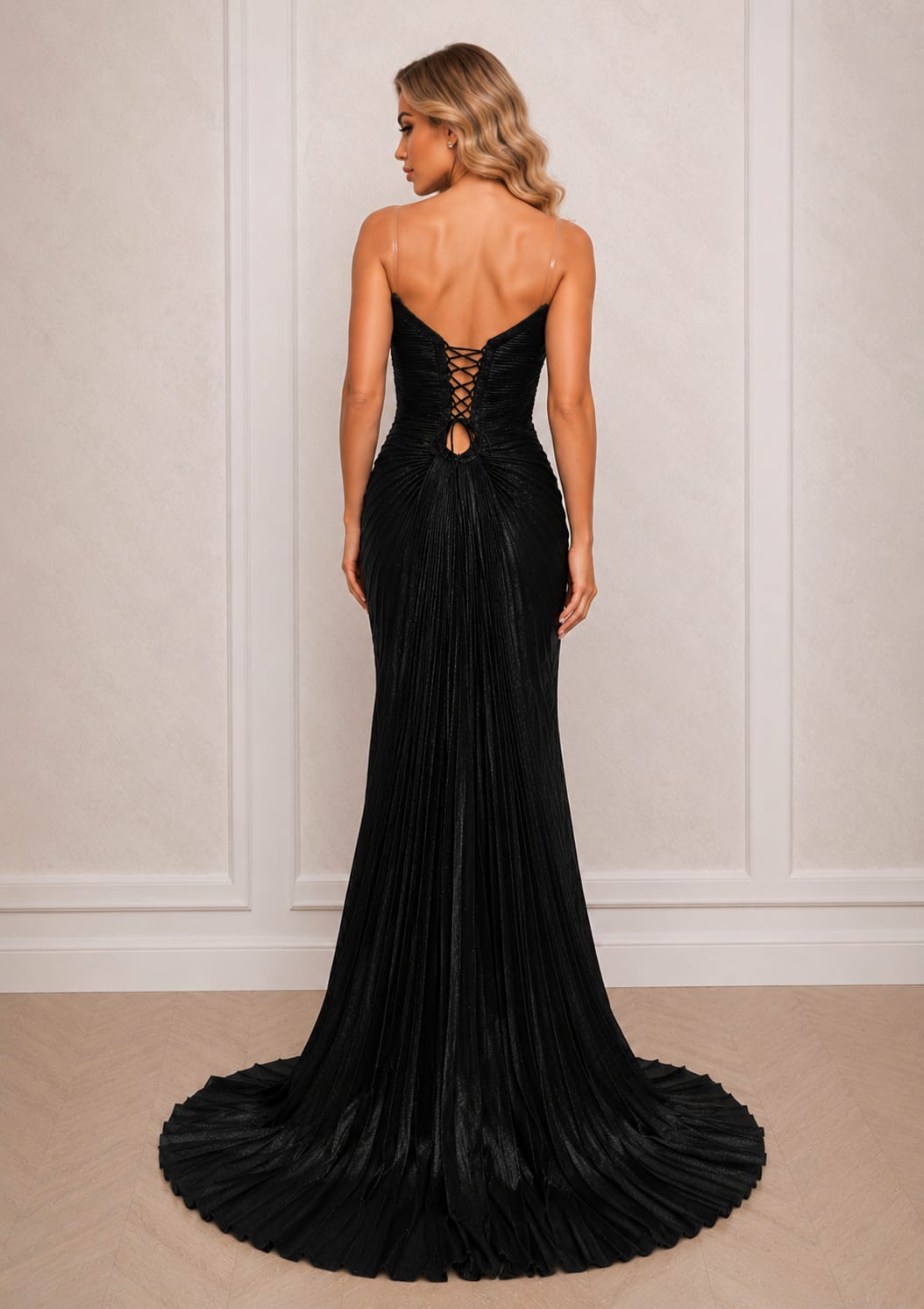Rochia Aceria – Rochie lunga deosbita cu corset reglabil din voal plisat disponibila in nuanta  de negru sau turcoaz