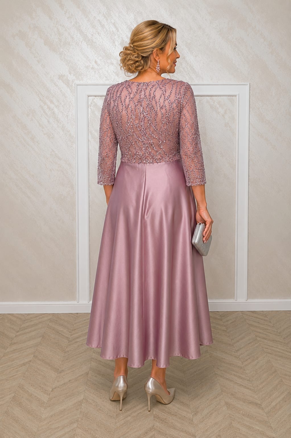 Rochia Lucia Midi - Rochie lungime midi cu maneci din dantela, roz pal, auriu sau capuccino