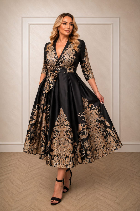 Rochia Kami – Rochie Eleganta satinata cu imprimeuri aurii si design luxury
