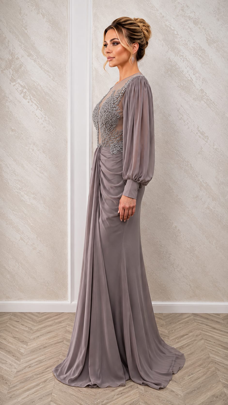 Rochia Paula – Rochie lunga drapata cu cristale si mineci boho