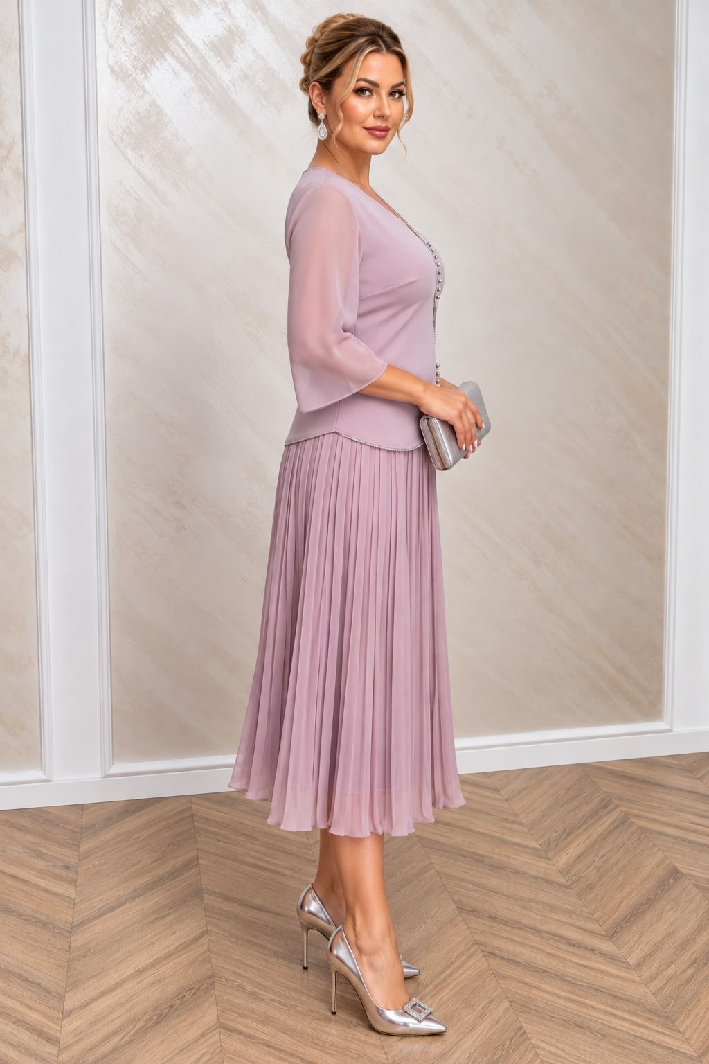 Rochie eleganta midi Vals din voal plisat cu maneci fluide