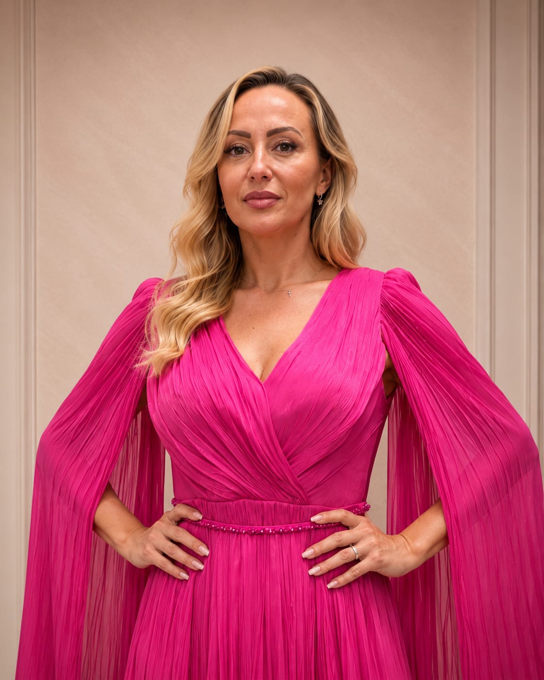 Rochia Selecta - Rochie eleganta in nuante de Fuxia , Turcoaz sau Ciocolatiu din matase artificiala cu maneci vaporoase