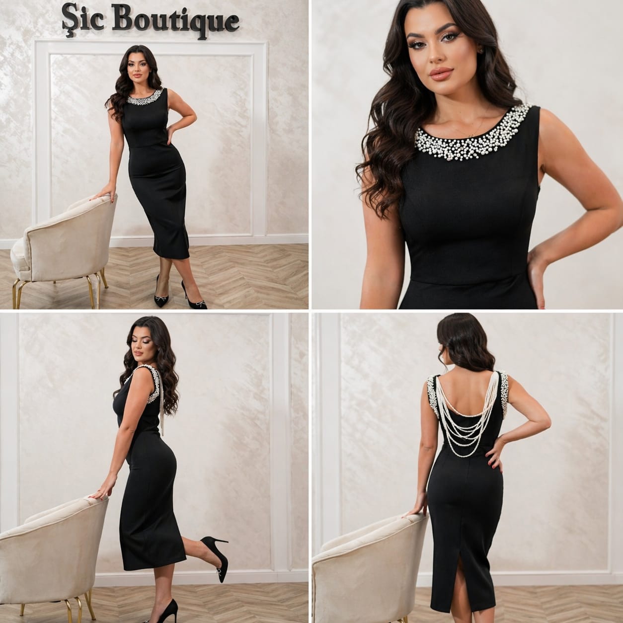Rochia Anda - rochie midi neagra eleganta cu perle