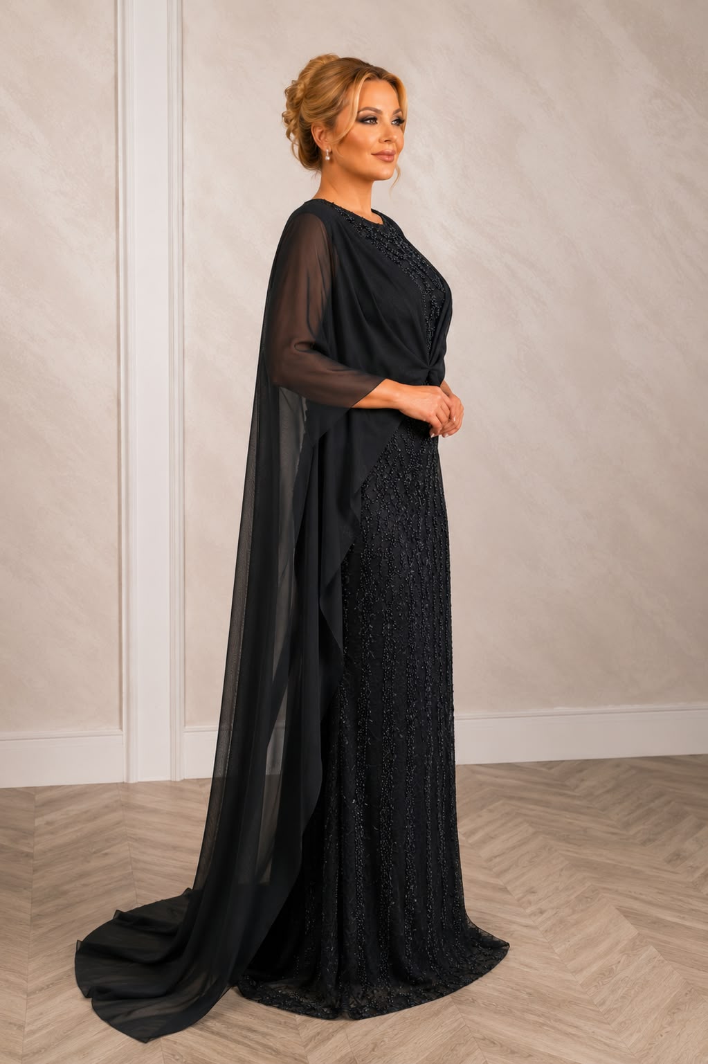 Rochia Simona – Rochie lunga de seara din dantela cu maneci vaporoase