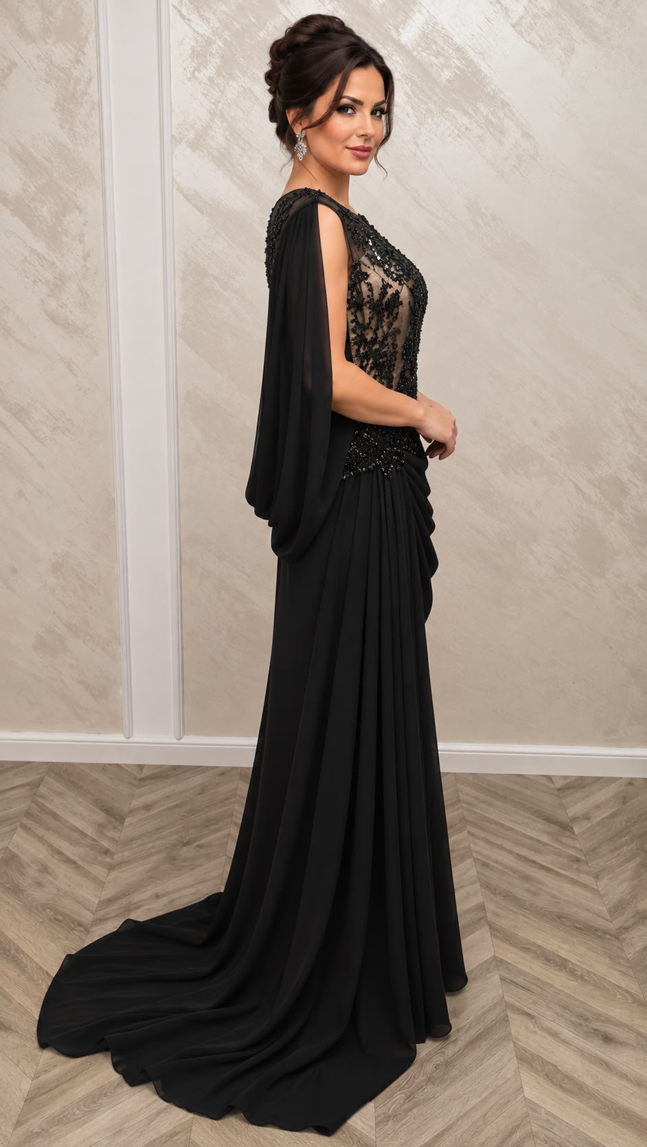 Rochia Sandra - rochie lunga neagra de seara cu insertii aurii
