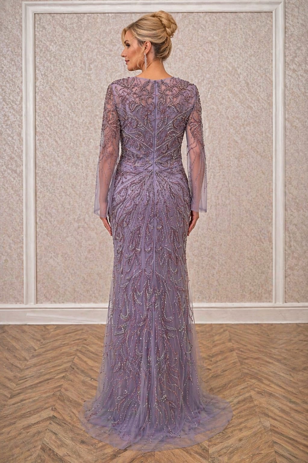 Rochia Belona – Rochie lunga mov pastel cu cristale și perle, ediție limitata