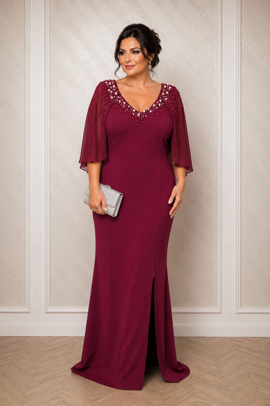 Rochia Manila – Rochie lunga simpla usor accesorizata cu perle si maini acoperite cu maneci volatile din voal