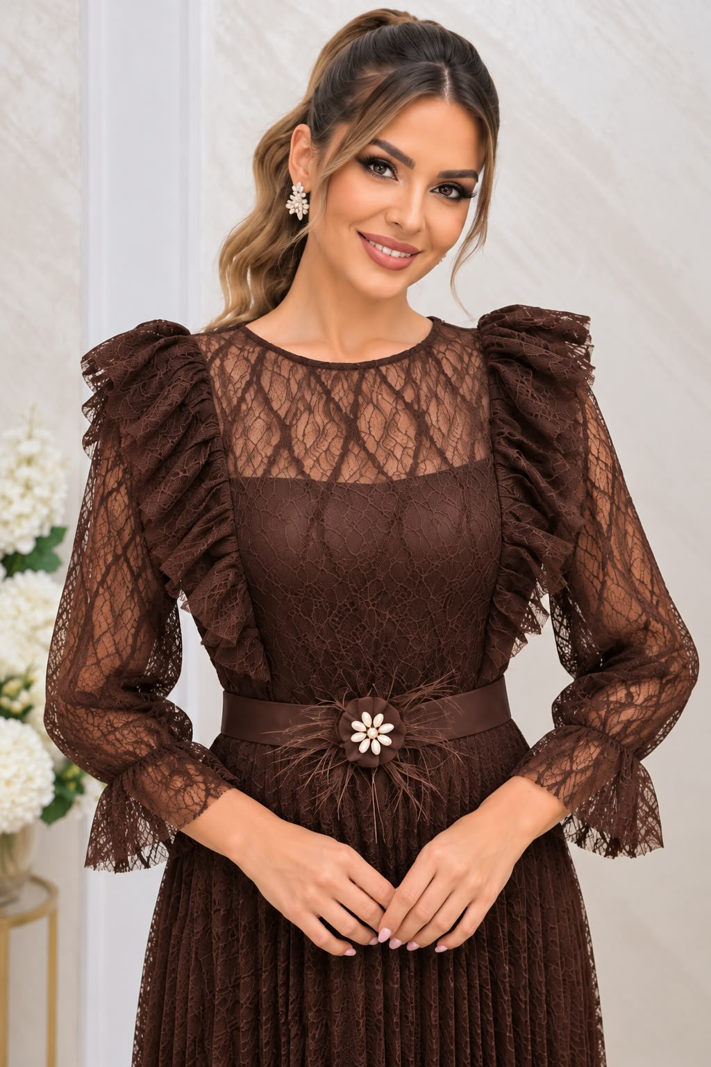 Rochie Dejavu midi din dantela cu maneci si curea eleganta