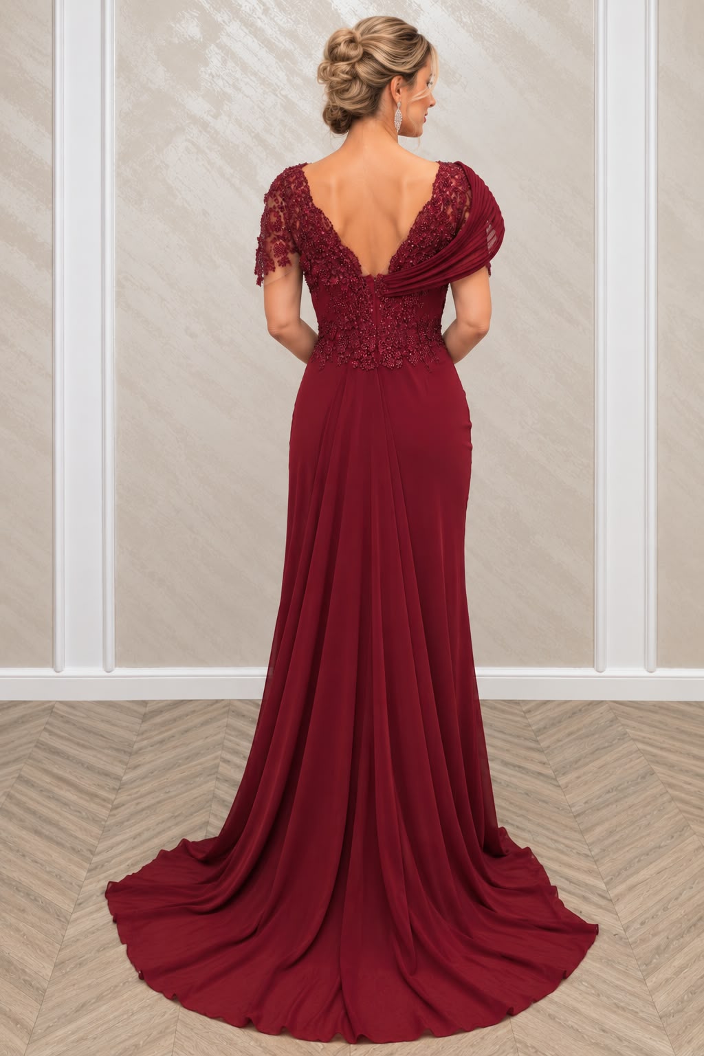 Rochie Maxer Eleganta cu Dantela Brodata si Trena – Negru/Bordo