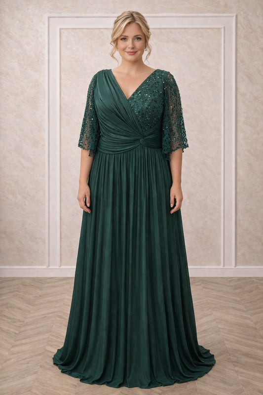 Rochia Belabona – Rochie eleganta lunga verde smarald plus size cu drapaje
