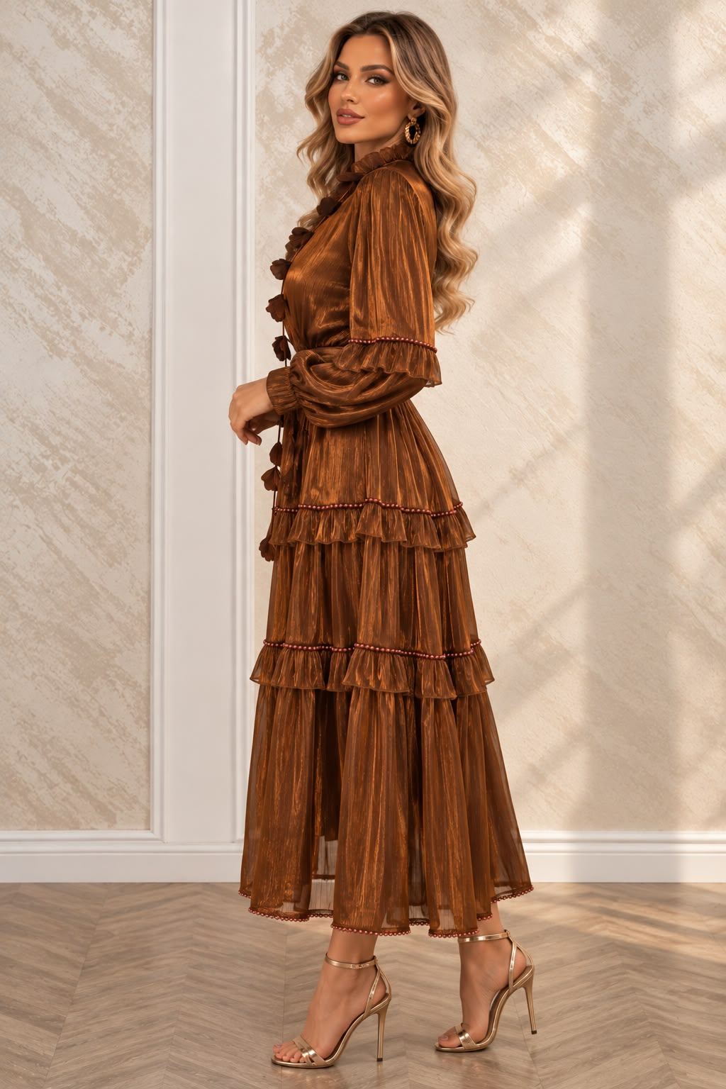 Rochia Serpil - rochie nuanta caramizie lungime midi-maxi din matase