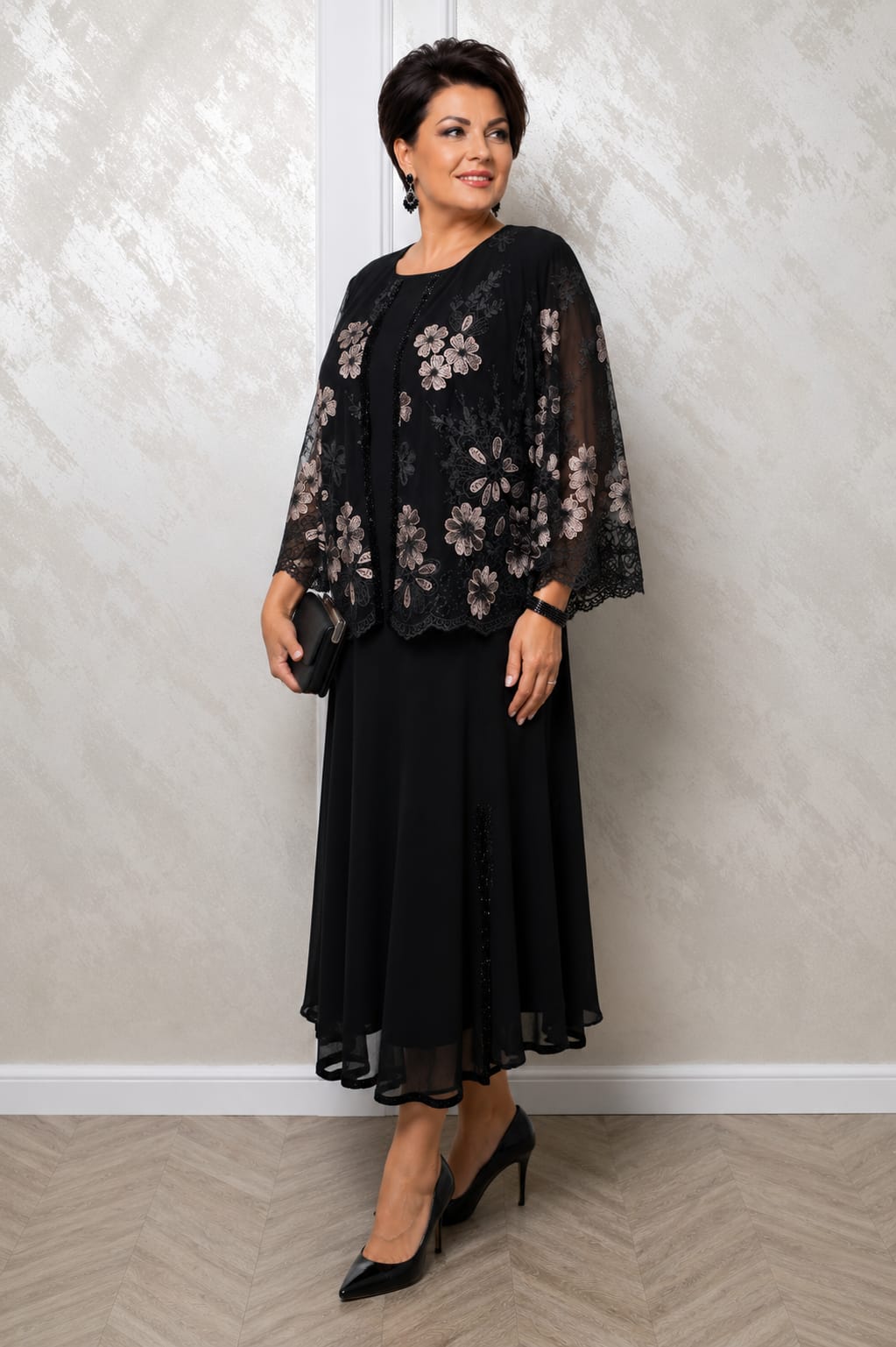 Rochie Anemona – Rochie eleganta Plus Size cu bolero din voal si broderie florala