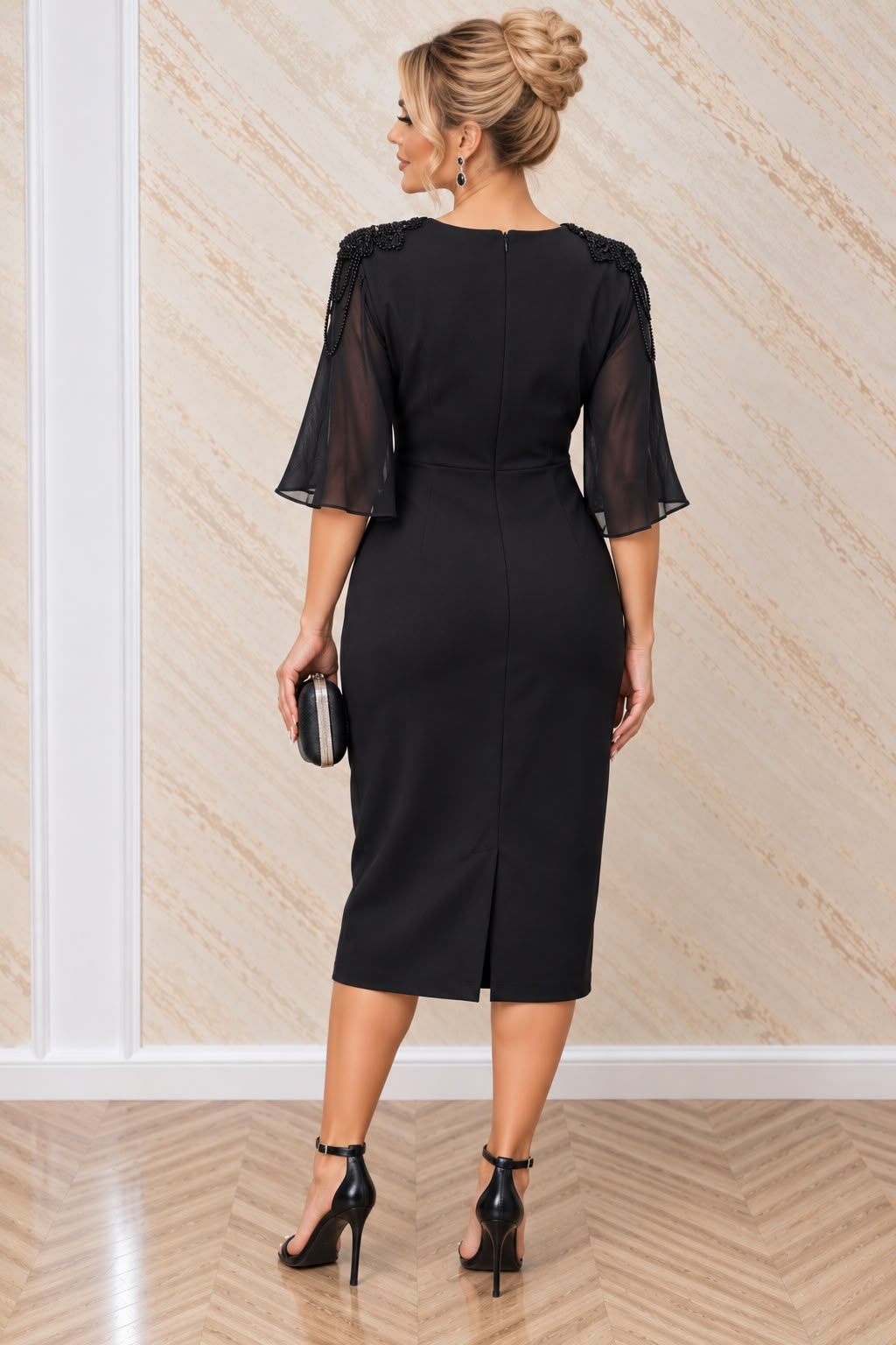 Rochia Sevo midi neagra cu drapaj si maneci din organza