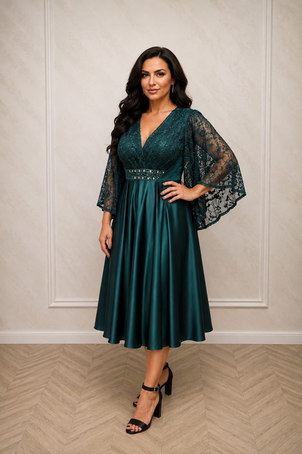 Rochia Male midi - Rochie lungime midi din satin si maneci din dantela