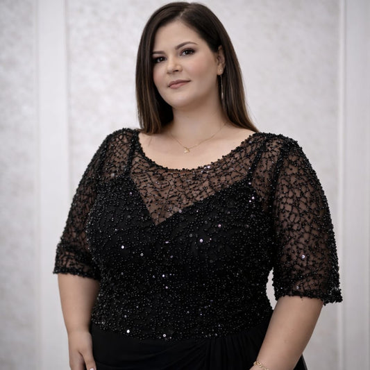 Rochia Amalia – Rochie eleganta plus size din tull italian și material paietat, care avantajeaza silueta