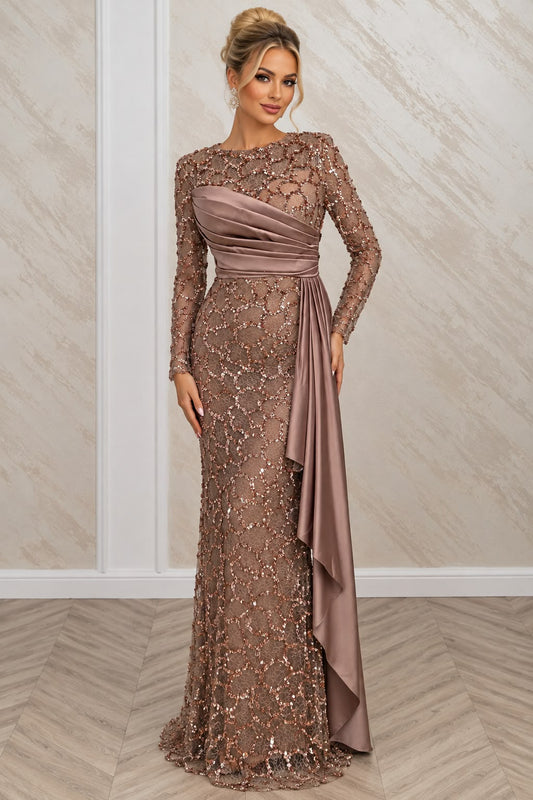 Rochie Belaria lunga cappuccino din dantela cu paiete