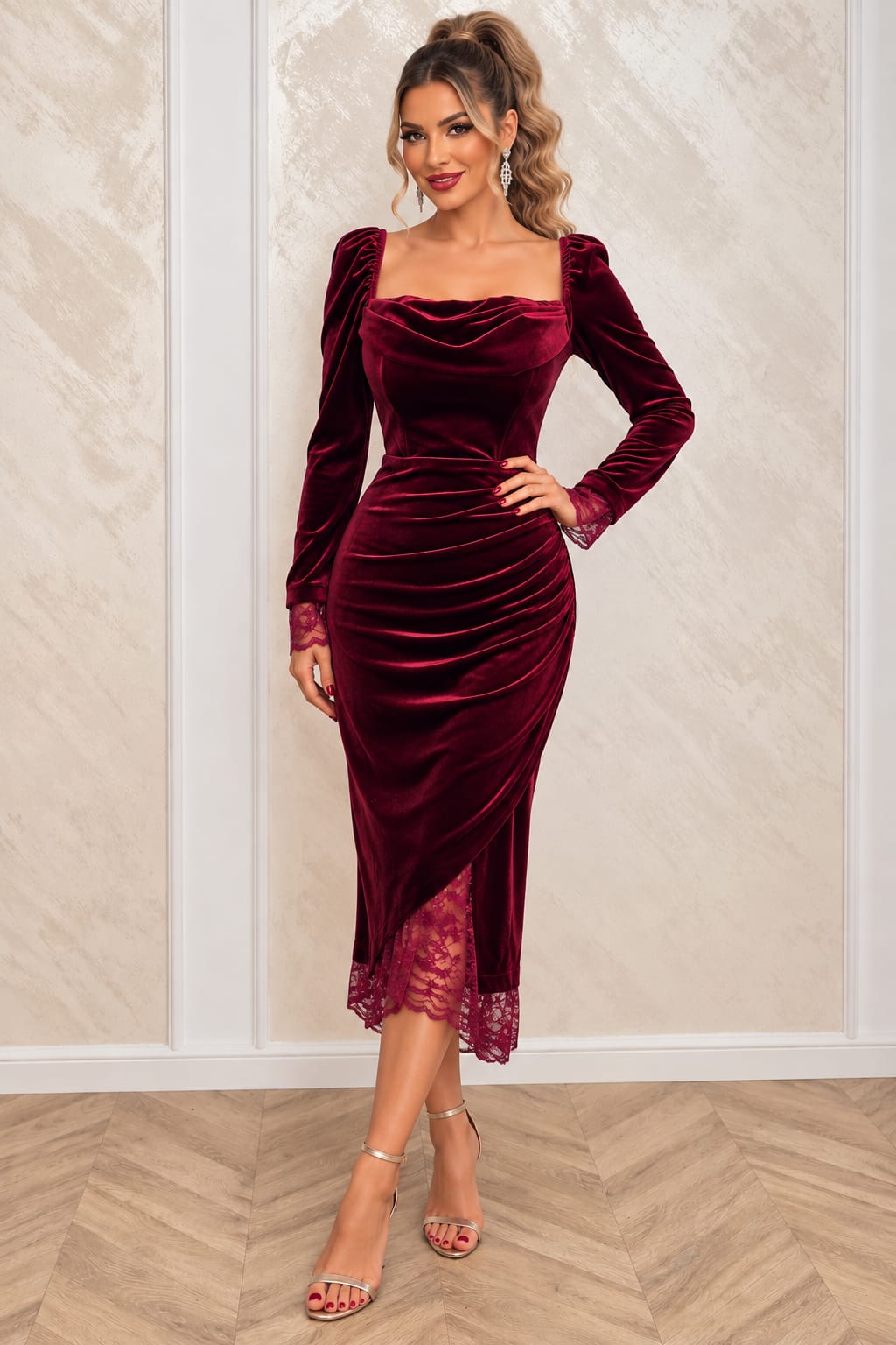 Rochie midi bordo din catifea cu drapaje si dantela