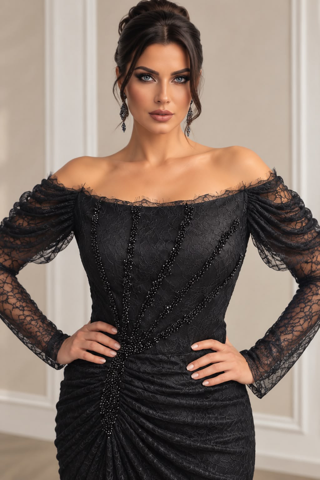 Rochia Aurora - Rochie lunga din Dantela Chantilly accesorizata cu perle