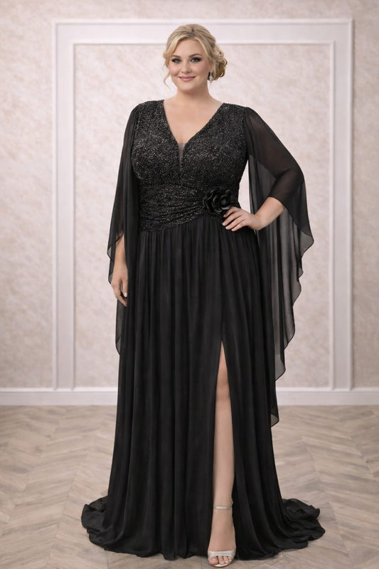 Rochia Makadi – Rochie eleganta lunga neagra plus size cu maneci vaporoase
