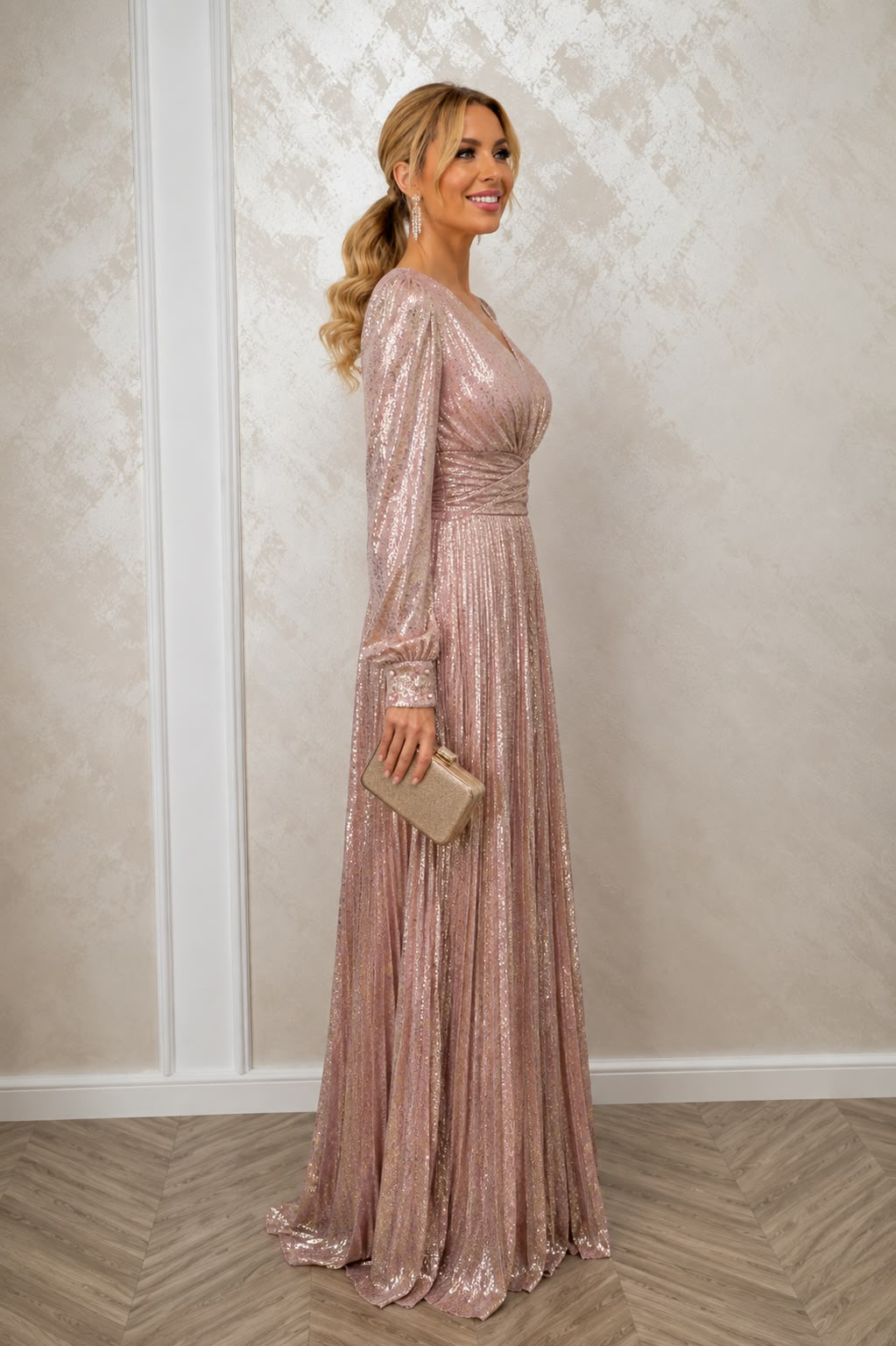 Rochie lunga eleganta Seline rose gold cu fusta plisata