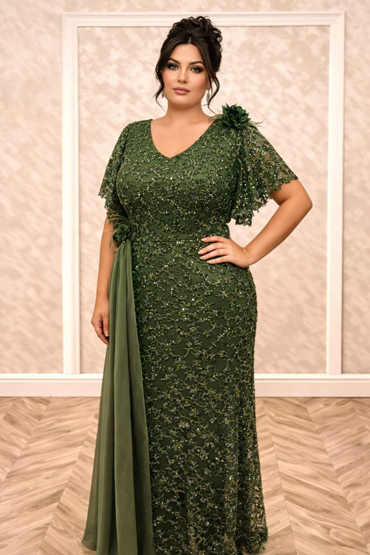 Rochia Cherry – Rochie lungă din dantelă cu perle pentru mărimi plus size si maneci