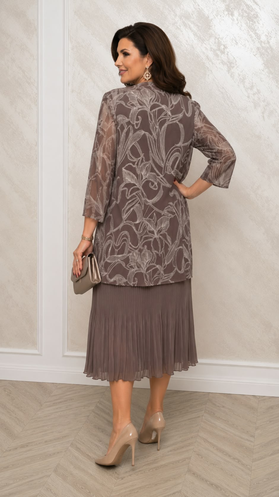 Compleu Jupiter – Rochie din voal plisat cu bolero detasabil bej cappuccino