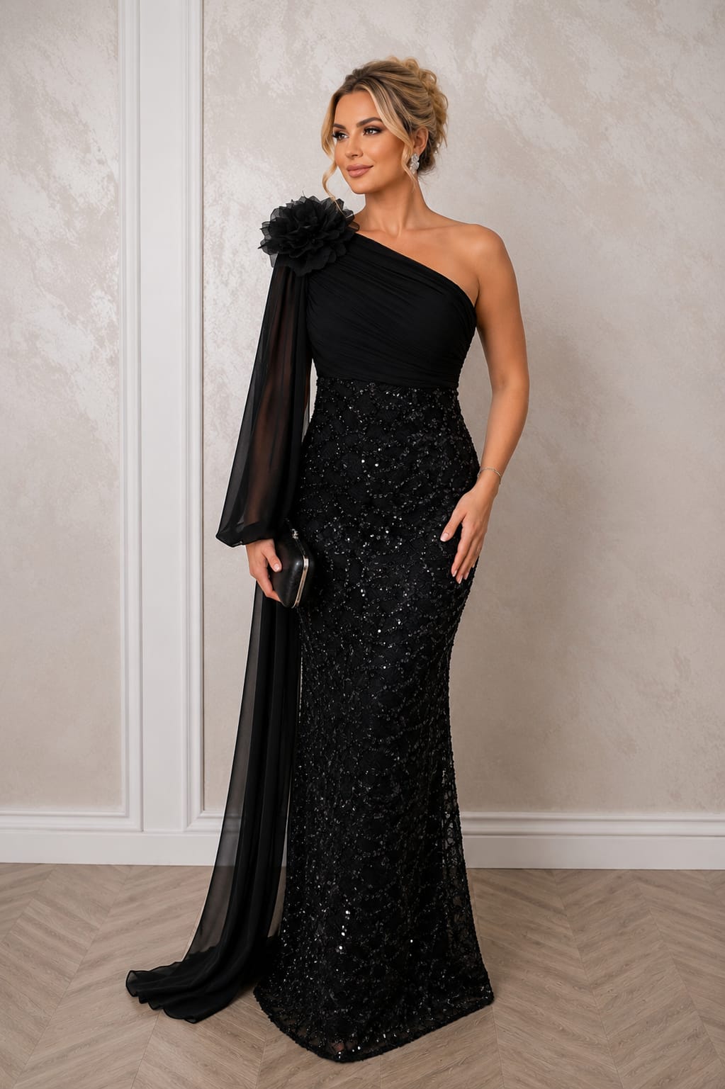 Rochia Elegance - rochie lunga neagra sau verde oliv-auriu couture cu paiete, esarfa si detalii premium. Perfecta pentru evenimente speciale