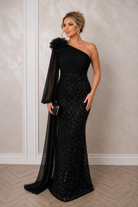 Rochia Elegance - rochie lunga neagra sau verde oliv-auriu couture cu paiete, esarfa si detalii premium. Perfecta pentru evenimente speciale