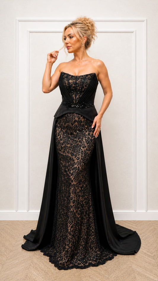 Rochia Noar Coture - rochie neagra dantelata cu corset si trena