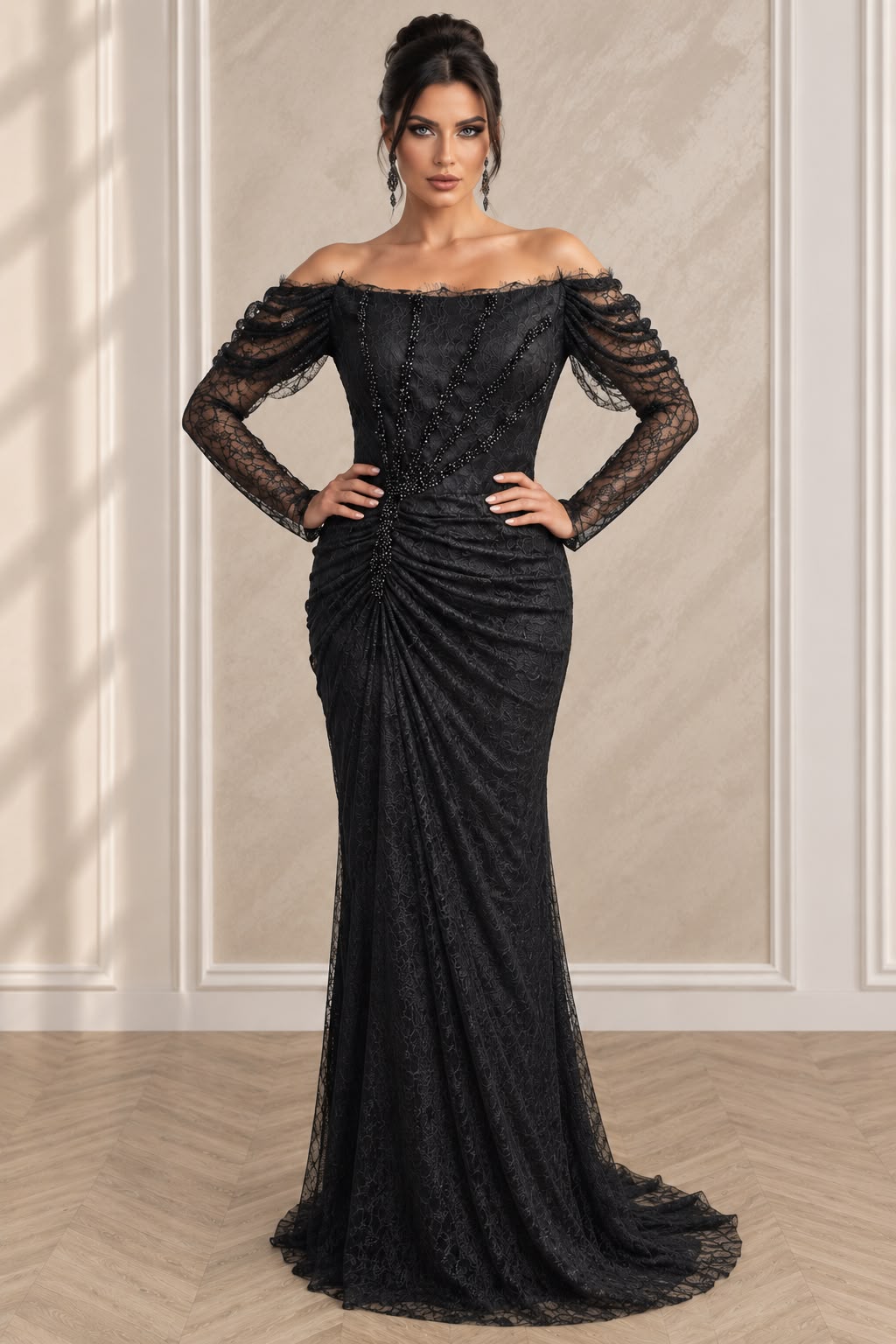 Rochia Aurora - Rochie lunga din Dantela Chantilly accesorizata cu perle