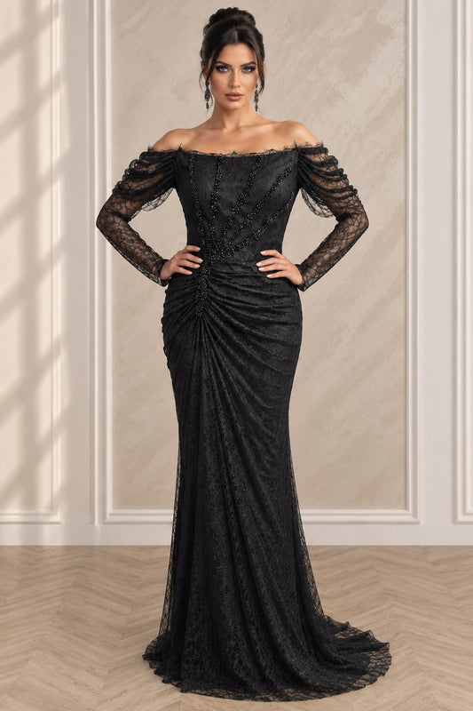 Rochia Aurora - Rochie lunga din Dantela Chantilly accesorizata cu perle
