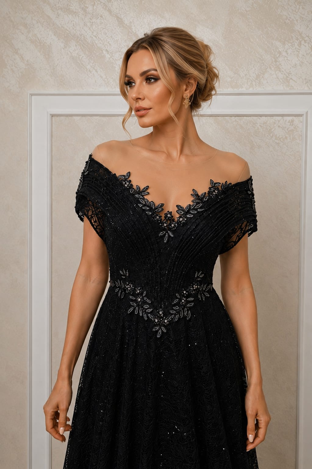 Rochia Dantele - Rochie de ocazie roz pudra / negru – eleganta atemporala din dantela cu Bretele Off Shoulder