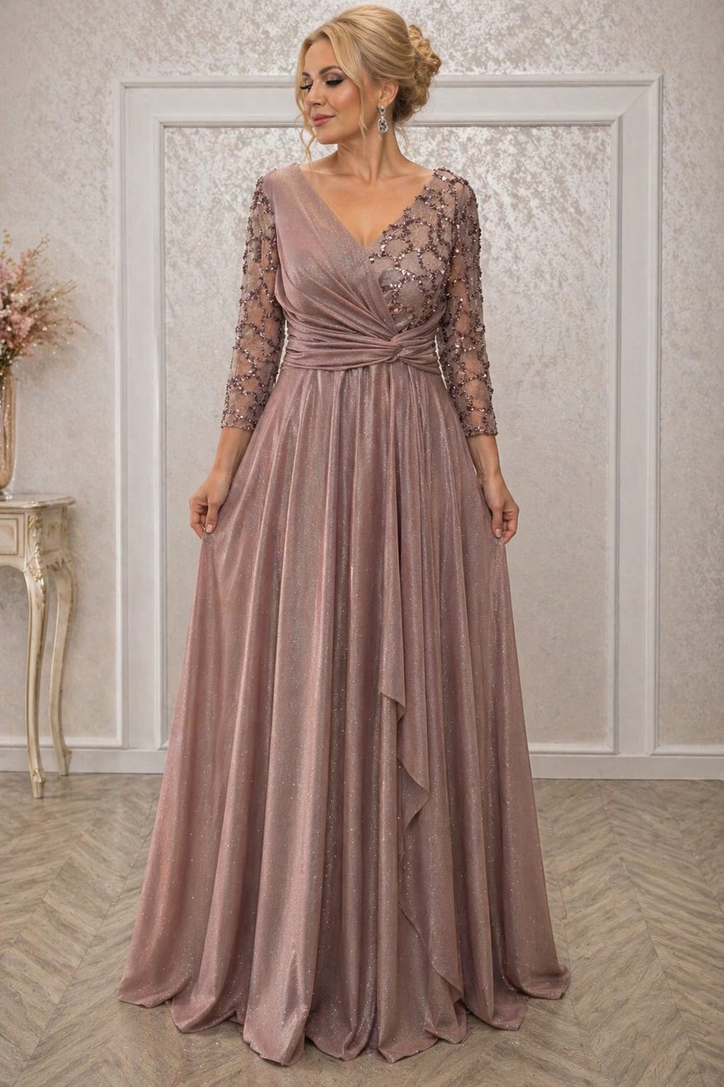 Rochie Bella Lux Eleganta din Voal Sclipitor – Maneci 3/4, Croiala Fluida, Efect de Subtiere