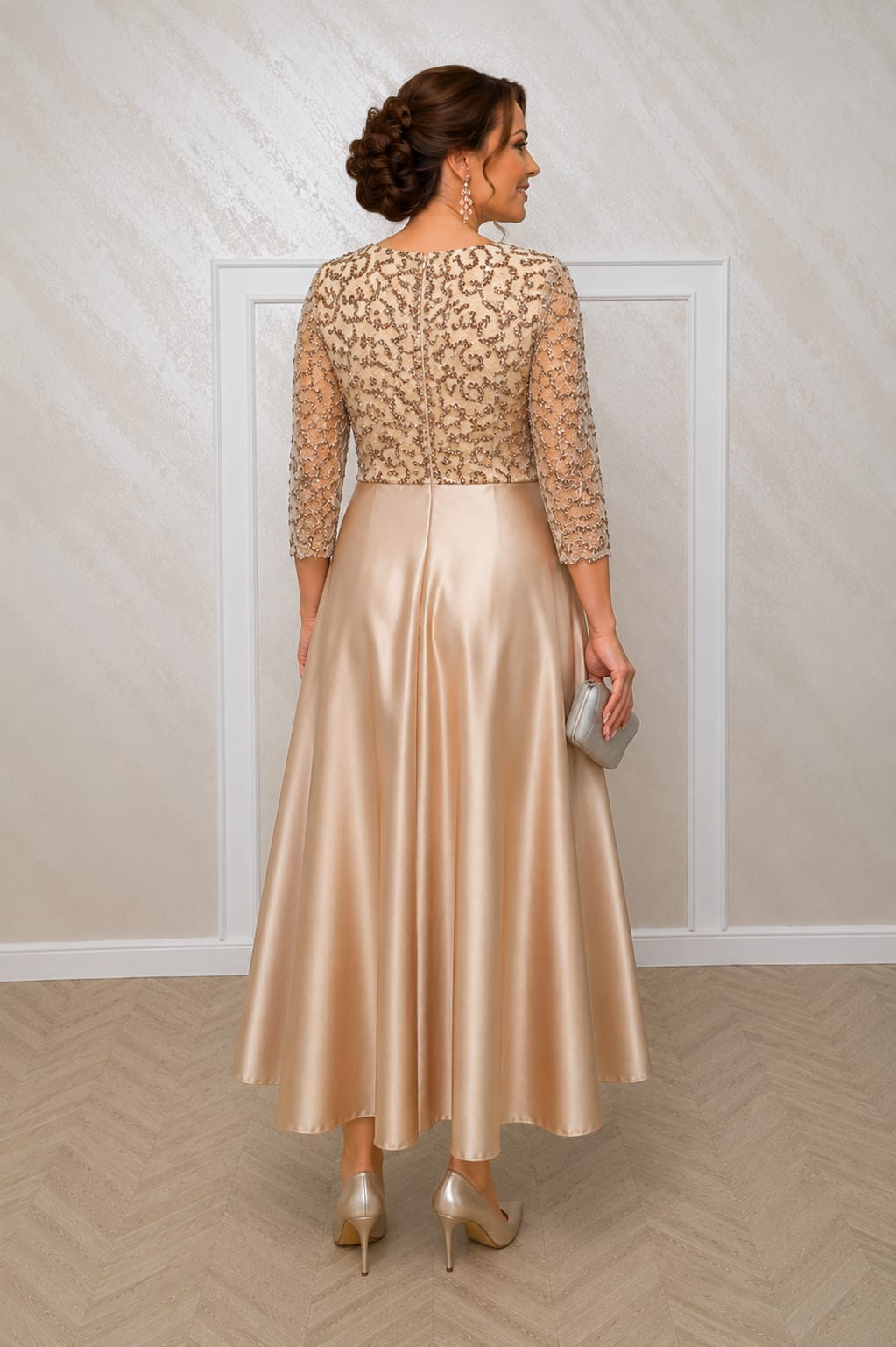 Rochia Lucia Midi - Rochie lungime midi cu maneci din dantela, roz pal, auriu sau capuccino