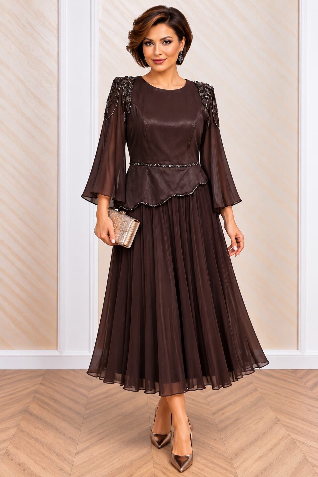 Rochie Jubilee-Rochie  eleganta din matase organica si voal cu perle