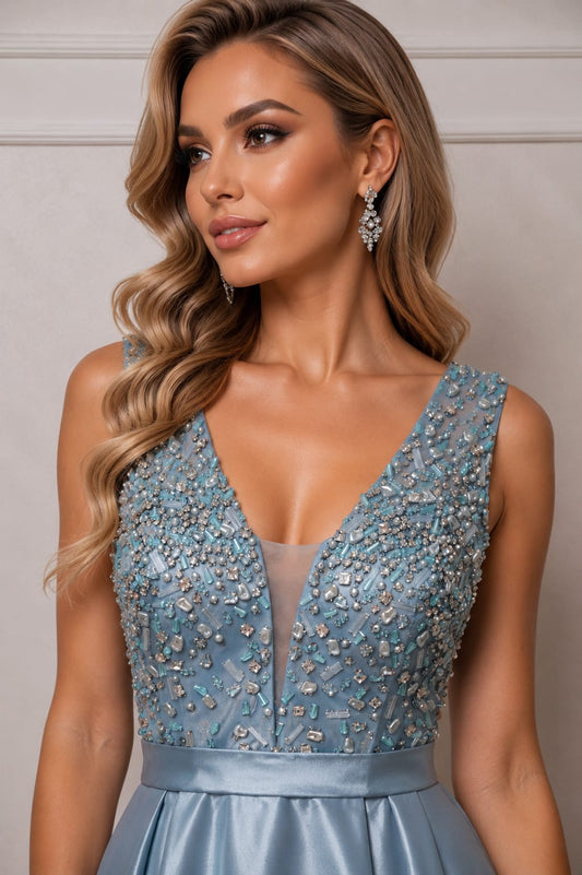 Rochia Minty -rochie lunga cu corset cusut cu cristale nuanta de verde menta