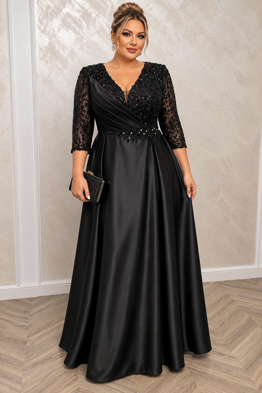 Rochia Lucia – Rochie lunga din satin cu dantela paietata si slit elegant pe picior